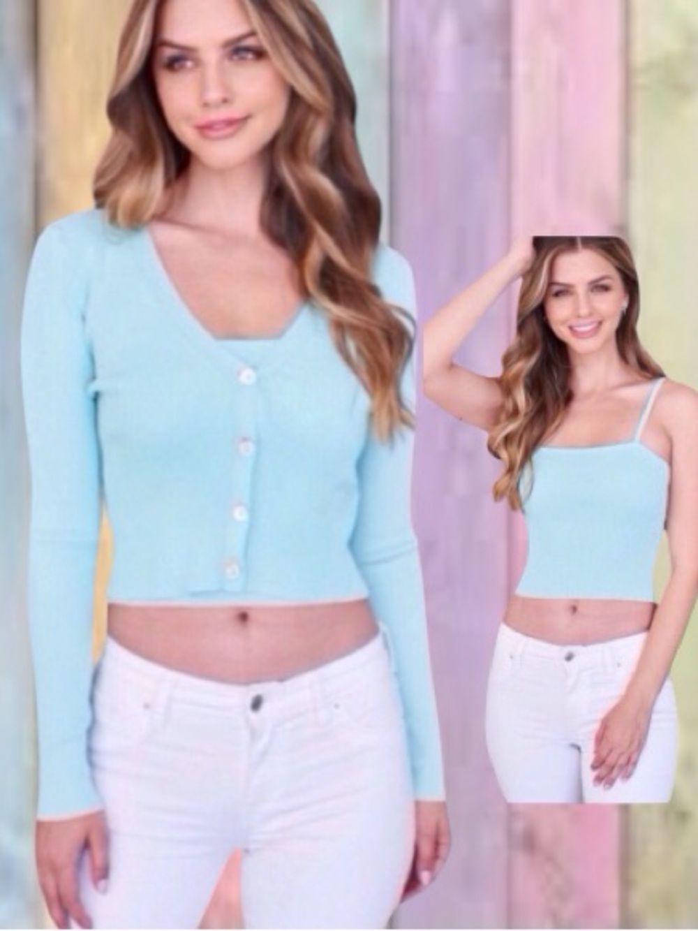 Renemed Mint Blue V-neck Button Down Ribbed Top & Cami 2 Pc Set NWT